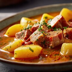 closeup shot ready to serve Marmitako plated tuna potato stew  textures shallow