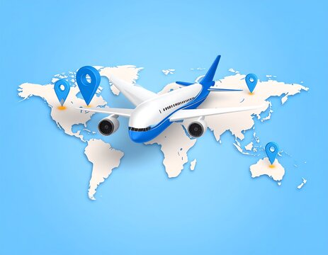 Airplane above a world map with destinations