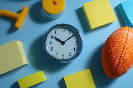 Time Management Tools: A close-up shot of a clock and various stationery items. The composition creates a sense of organization and focus, ideal for themes of time management and productivity.