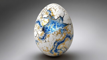 A cracked egg revealing swirling blue and gold galaxy-like cholesterol patterns.
