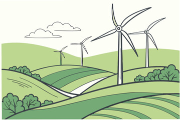 Stylized illustration of wind turbines on rolling green hills with clouds