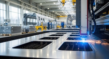 Fototapeta premium Early manufacturing phase showing raw metal sheets being laser cut for precision parts of highspeed train car bodies.