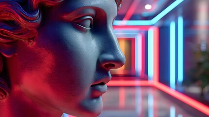 Close-Up of a Classical Statue Illuminated by Vivid Neon Lights in a Modern Interior Space