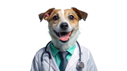 Photo of a happy jack russell terrier dog dressed as a veterinarian wearing a white coat, stethoscope, and tie, smiling with its tongue out, isolated on transparent background