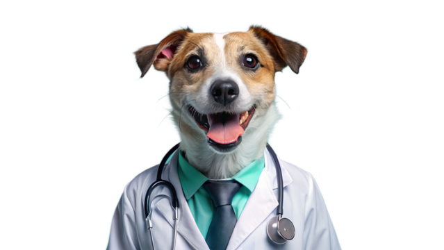 Photo of a happy jack russell terrier dog dressed as a veterinarian wearing a white coat, stethoscope, and tie, smiling with its tongue out, isolated on transparent background
