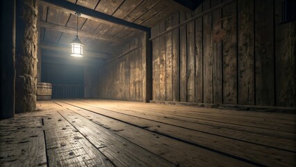 Photo of the interior of a dimly lit, old wooden attic or loft, with a hanging lantern illuminating the rustic planks and beams, evoking a sense of history