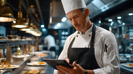 Professional Chef Using Tablet to Manage Kitchen Operations and Meal Preparation in Modern Restaurant