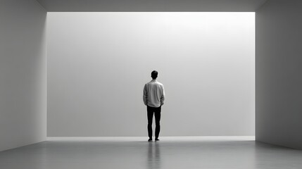 Obraz premium Man Standing Alone in a Minimalist Room with Soft Lighting and an Expansive White Wall