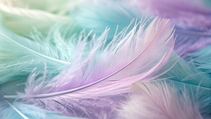 Obraz premium Photo of closeup macro shot of delicate pastelcolored feathers, soft and fluffy texture, creating a dreamy and ethereal background with gentle gradients of blue, green, and purple