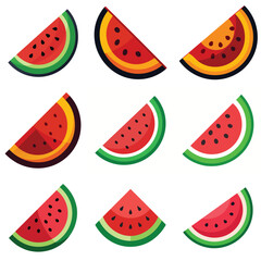 Nine graphically rendered watermelon slices arranged on a solid white background
