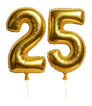 Gold foil balloons shaped as the number 25 for a birthday celebration.