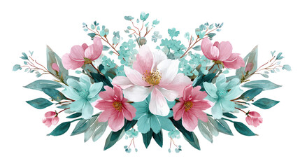 Fototapeta premium Hand-drawn pastel peonies and daisies with mint leaves on transparent background