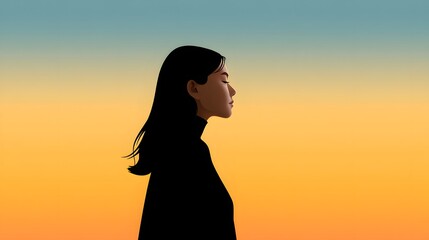 Silhouette of a Calm Woman in Profile Against a Vibrant Sunset Gradient Sky