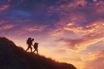 Obraz premium A pair of hikers, silhouetted against a stunning sunset, strive towards the summit, capturing the beauty of the landscape and the spirit of adventure.