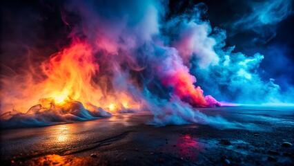 Photo of an abstract and dramatic scene of vibrant, colorful smoke and flames glowing intensely in the dark, reflecting on a wet, dark surface with a moody atmosphere