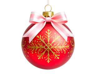 Red Christmas ball with a beautiful bow and a golden pattern. christmas design isolated on transparent background.