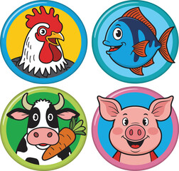 Naklejka premium A collection of cartoon farm animal icons, including a rooster, fish, cow, and pig.