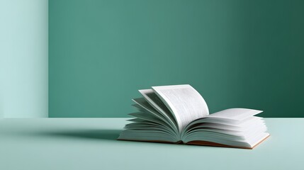 Open Book Displaying Pages on Minimalist Green Table in a Modern Interior Setting