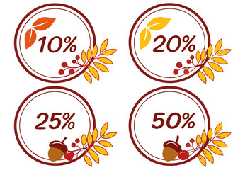Fall Sale Promotion with 10 20 25 and 50 Percent Off in Circular Badges with Autumn Leaves