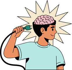 Illustration of a man with a brain exposed holding a plug with a starburst background behind his head