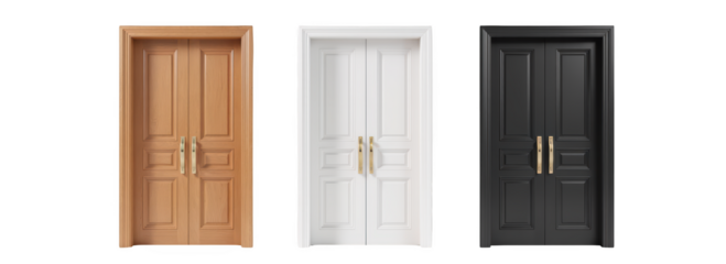 Elegant wooden doors three colors natural wood, white, and black. Each door features stylish gold handles, showcasing modern design