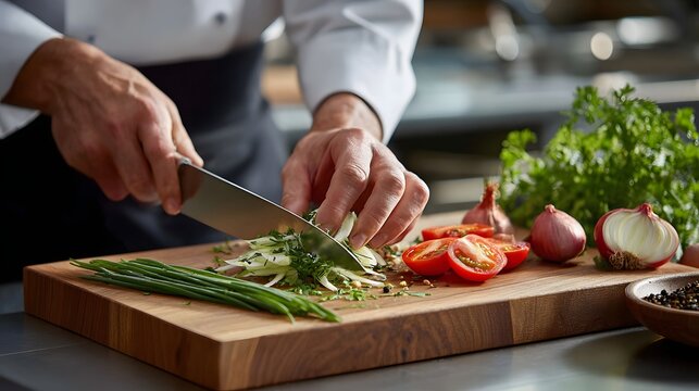 Chef Skillfully Chopping Fresh Vegetables Including Tomatoes and Green Onions in Modern Kitchen - Powered by Adobe