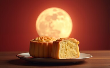 Mooncake and Full Moon for Mid-Autumn Festival - AI Photo. High quality