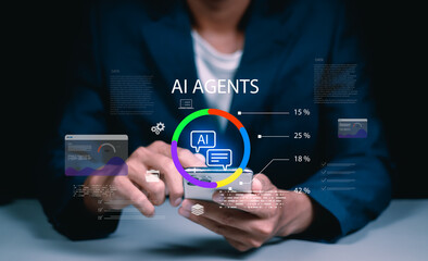 Businessman analyzing AI data on mobile device, showing colorful graphics with percentages, icons and charts, representing artificial intelligence, business insights and digital technology solutions.