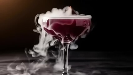 Elegant cocktail with smoke effect, garnished with cherry, set against a dark backdrop, showcasing mixology