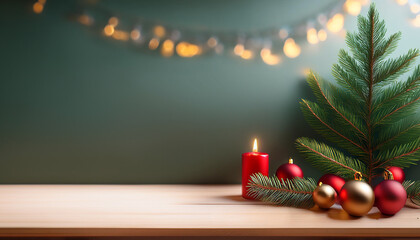 Warm and festive Christmas background featuring a lit red candle, ornaments, and a fir tree on a wooden table with copy space