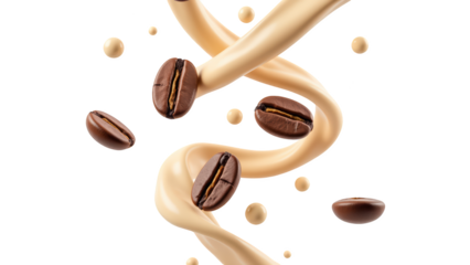 Creamy coffee swirl with floating coffee beans creates dynamic and inviting scene. Perfect for coffee lovers and culinary enthusiasts