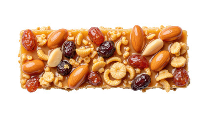 Nutty snack bar with almonds, dried fruits, and crunchy elements, offering delicious and healthy treat