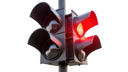 Red traffic light signaling stop, urban setting, safety measure, transportation control, illuminated signal, road regulation, city infrastructure