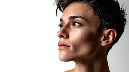 Close-Up Portrait of a Thoughtful Young Woman with Short Hair and Natural Beauty in Studio Lighting