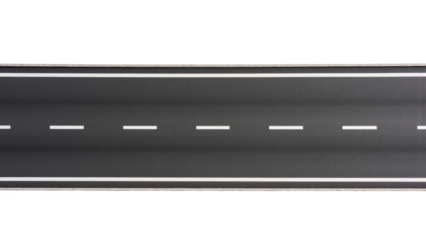 Aerial view of straight asphalt road with white lane markings, creating sense of openness and tranquility