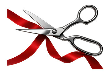 Silver scissors cutting a vibrant red ribbon.
