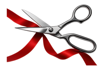 Silver scissors cutting a vibrant red ribbon.