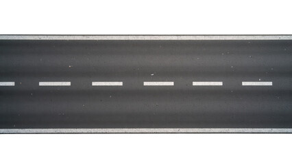 Aerial view of straight asphalt road with white lane markings, showcasing clean and minimalistic design. road appears empty and inviting