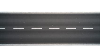 Aerial view of straight asphalt road with white lane markings, showcasing clean and minimalistic design. road appears empty and inviting