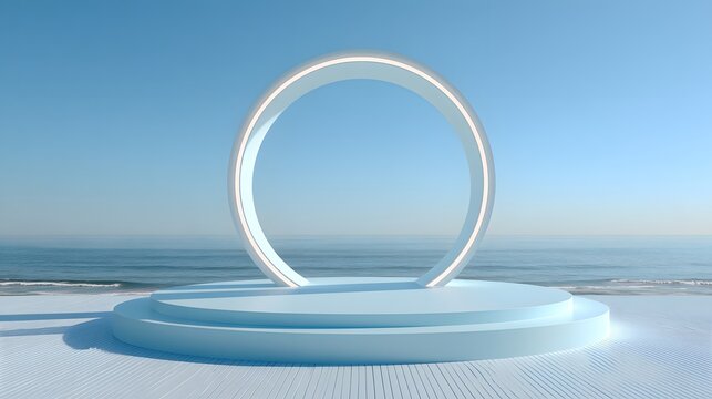 Serene coastal stage with illuminated archway overlooking the ocean under a clear blue sky