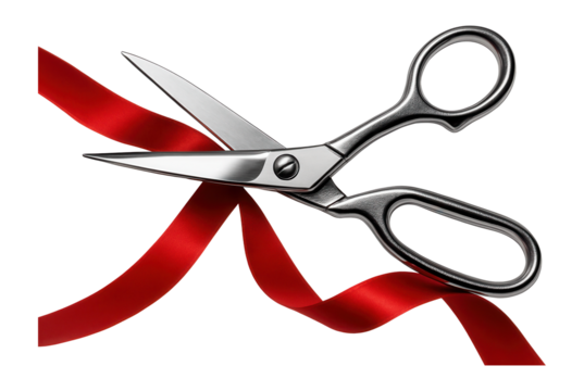 Silver scissors cutting a vibrant red ribbon. - Powered by Adobe
