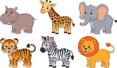 Obraz premium African Wildlife Cartoon Animals Set Hippopotamus, Giraffe, Elephant, Tiger