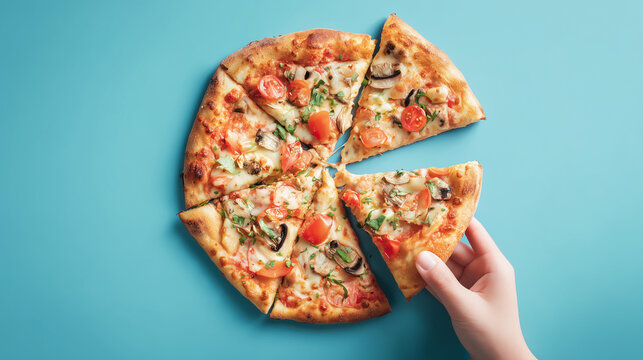 The scene shows vegetarian pizza isolated on blue background, sliced pizza and grabbing a slice of pizza.

