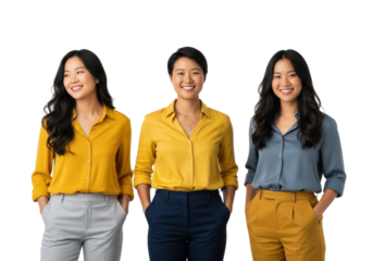 A trio of diverse young asian women, early 20s, with varied hairstyles and warm smiles, standing confidently with hands in pockets, wearing colorful collared shirts and trousers, in a modern,