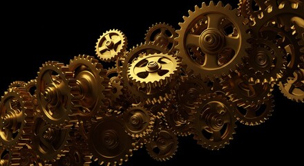Gold gears arranged on black varying sizes  depths create a complex mechanical structure Metallic  intricate