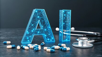 Artificial Intelligence in Healthcare with Digital AI Letters, Pills, and Stethoscope on Black Background
