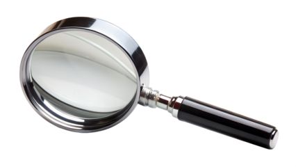 Photo of a shiny chrome and black magnifying glass with a large lens, isolated on a transparent background, symbolizing search, discovery, and detailed examination