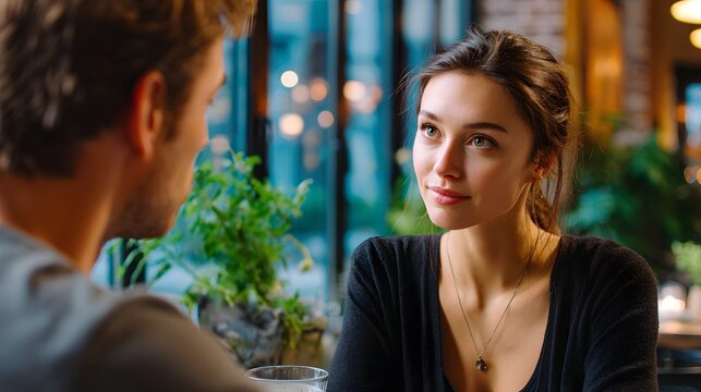Young Couple Engaged in Meaningful Conversation at a Cozy Restaurant with Ambient Lighting