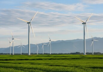 Wind turbines in green field with mountain backdrop under blue sky