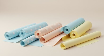 Rolls of patterned paper in pastel shades of blue pink and yellow